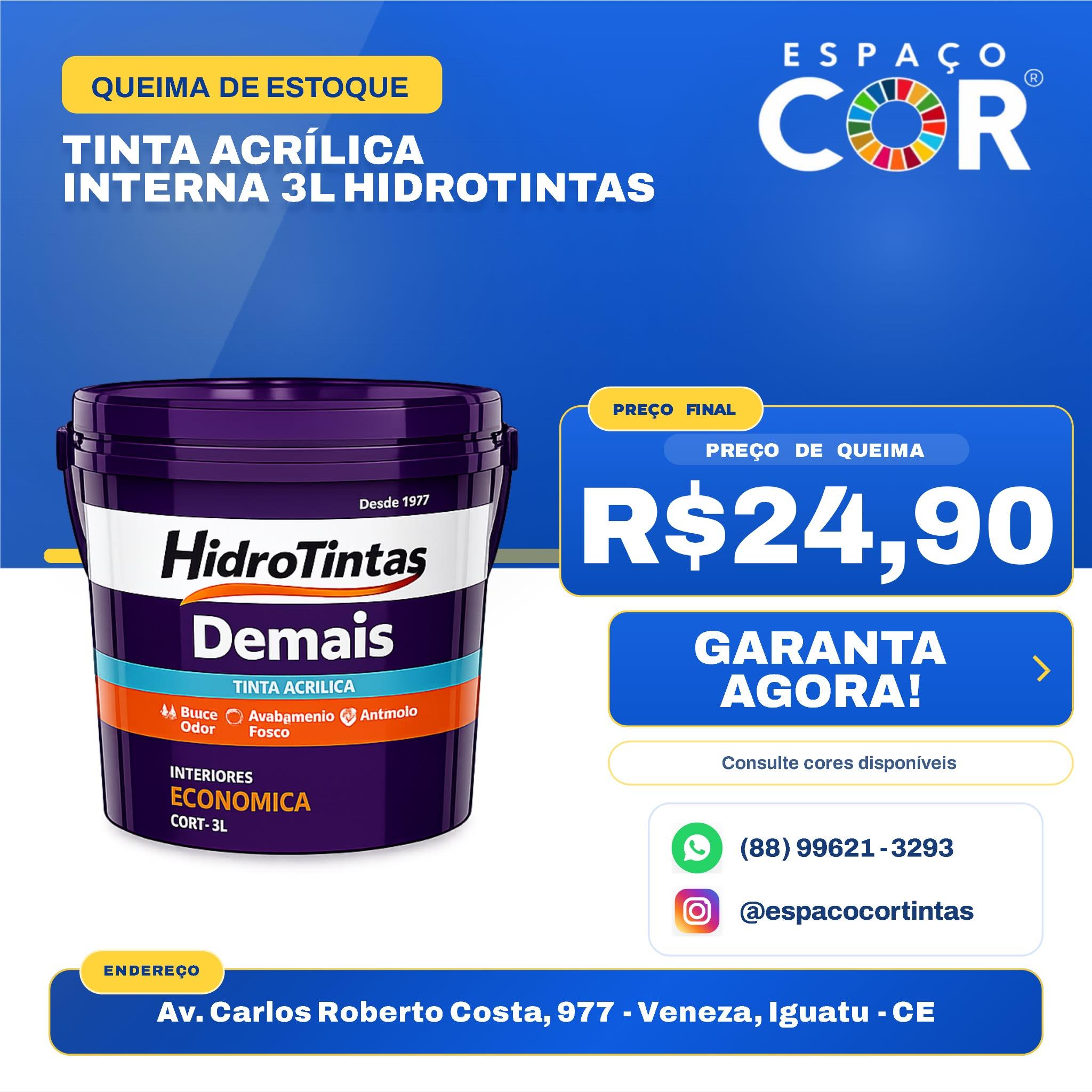 Oferta de tinta interna HidroTintas de 3 litros na Espaço Cor